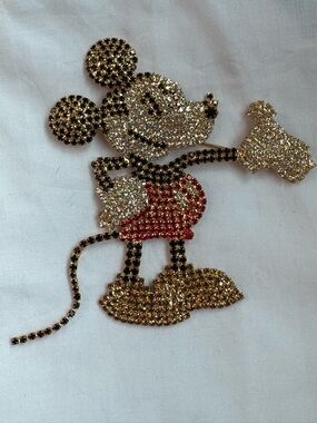 Vintage Rhinestone Cartoon Mickey Mouse Brooch - Gold, Black, Red